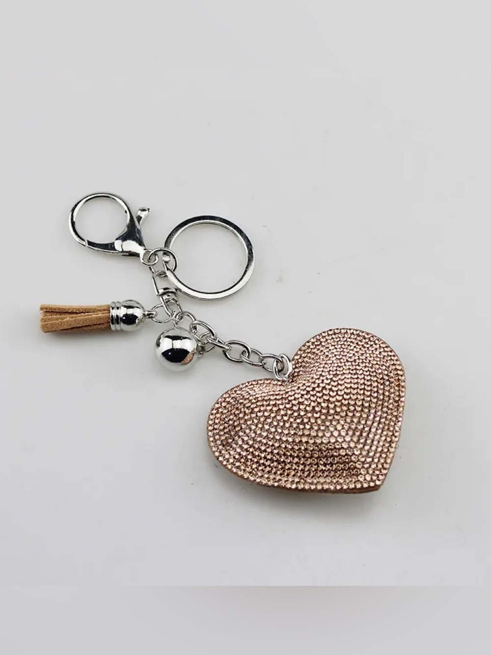 Heart Charm Keychain with Rose Gold Crystal Accent - Women's Accessory